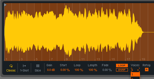 Setting the device poliphony to 1 will force Simpler to never use more than one voice.