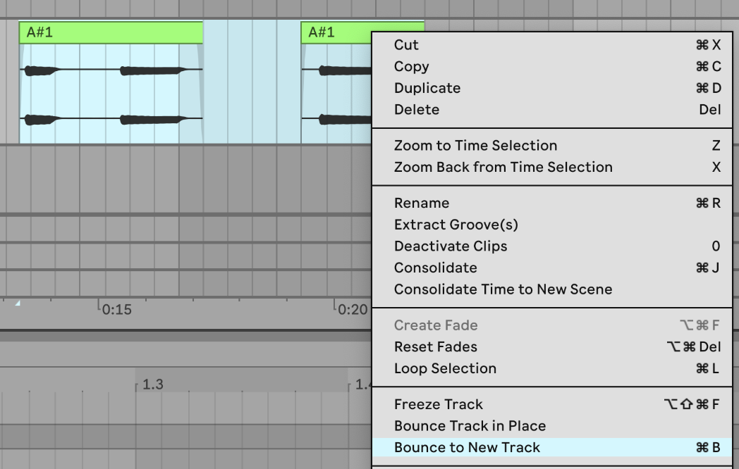 In Arrangement View, the context menu shows the option Bounce to New Track
