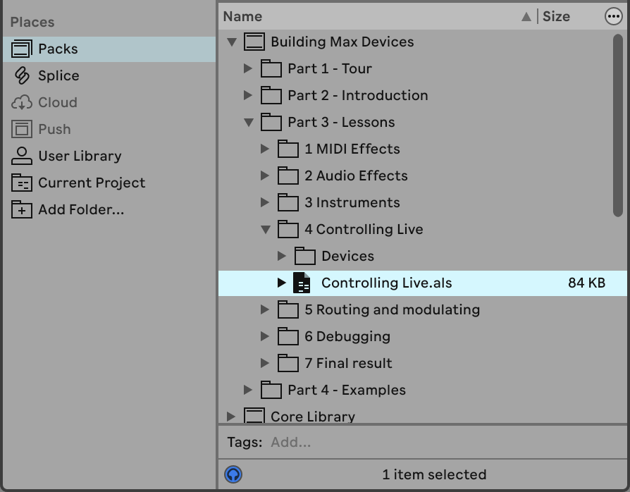 Screenshot der Controlling Live-Lektion im Building Max Devices Pack im Live-Browser