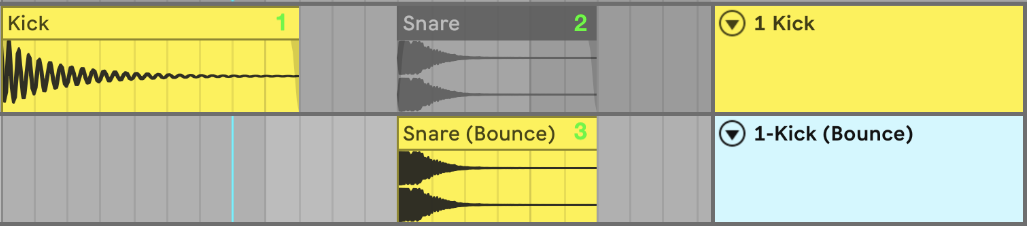 In Arrangement View, a track named Kick with an audio clip named Kick, and a track named Kick (Bounce) with an audio clip named Snare (Bounce)