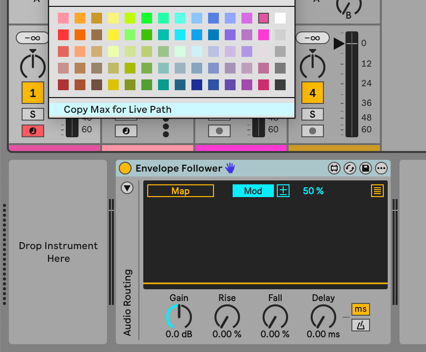 Screenshot of Ableton Live showing the right-click menu with the Copy Max for Live Path menu item highlighted