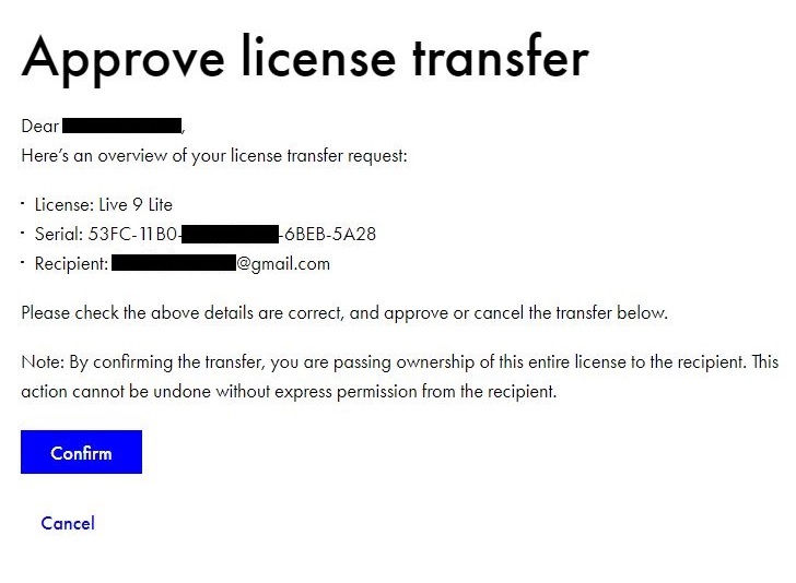 Transferring ownership of a Live license Ableton