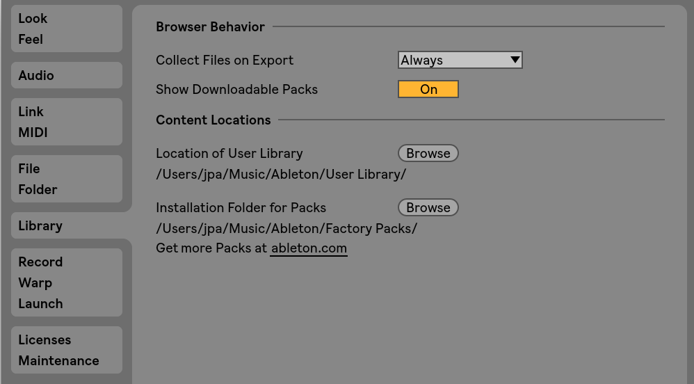 ableton default factory packs folder is not available