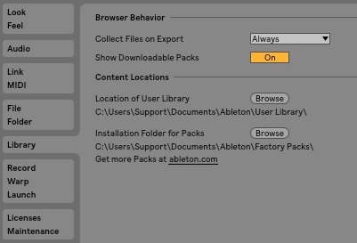 move ableton live packs to another folder