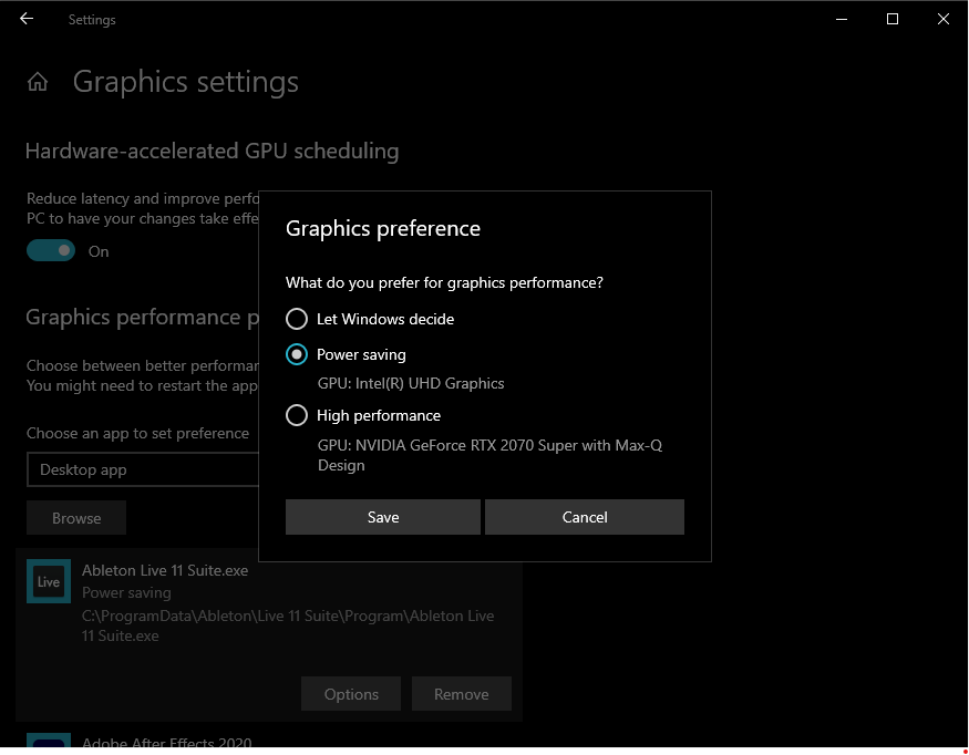 Switching between discrete and integrated graphics Windows Ableton